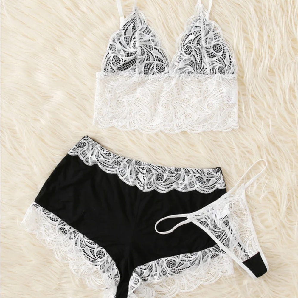 Black & White Lace 3 Pc Bralette Shorts Pajamas